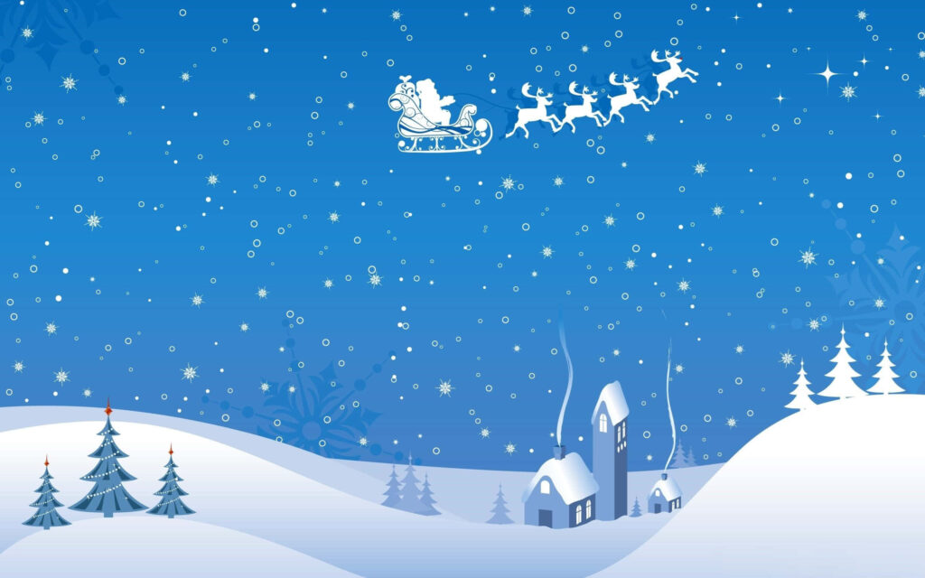 Festive Santa Claus Flying Over Snowy Landscape Wallpaper Background