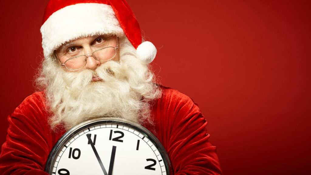 Festive Wallpaper: Santa Claus with Clock on Vibrant Red Background