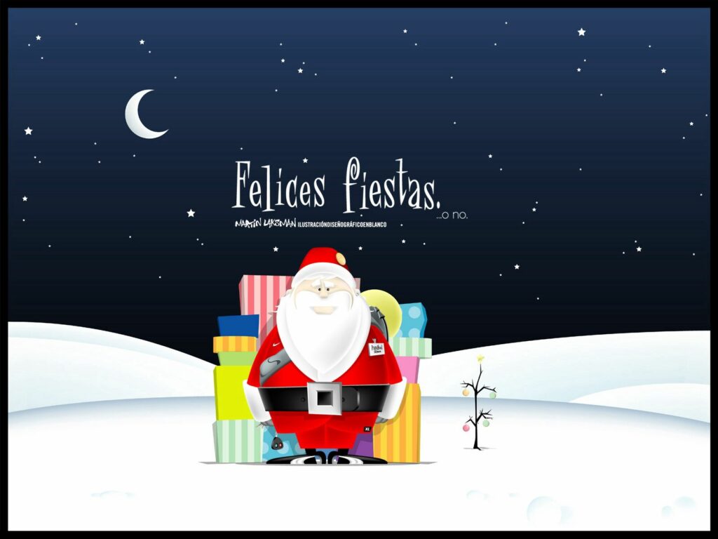 Festive Santa Claus Wallpaper: Colorful Gifts & Night Sky Background