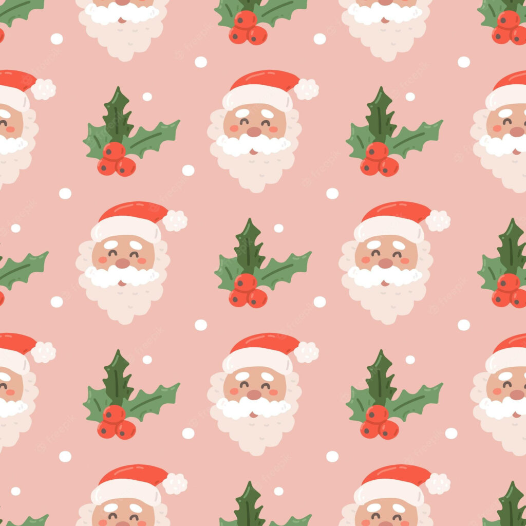 Cheerful Santa Wallpaper: Festive Pink Background & Holly Leaves