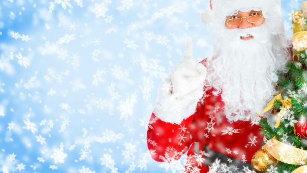 Festive Santa Claus Wallpaper with Christmas Tree & Snowflakes