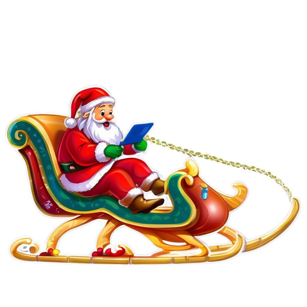 Festive Santa Claus in Colorful Sleigh with Tablet - Holiday Wallpaper