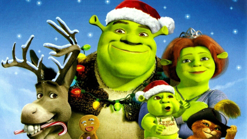 Joyful Shrek Holiday Wallpaper: Festive Scene with Donkey & Lights