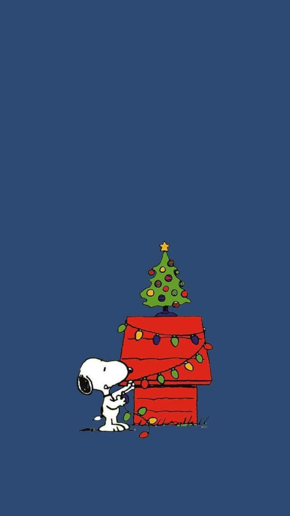 Festive Snoopy Wallpaper: Christmas Lights & Tree on Blue Background