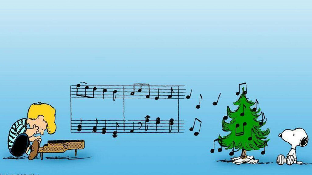 Playful Snoopy Wallpaper with Musical Christmas Tree Background