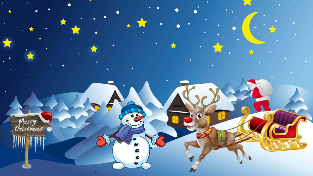 Festive Snowman & Rudolph Digital Art Christmas Background Scene Wallpaper
