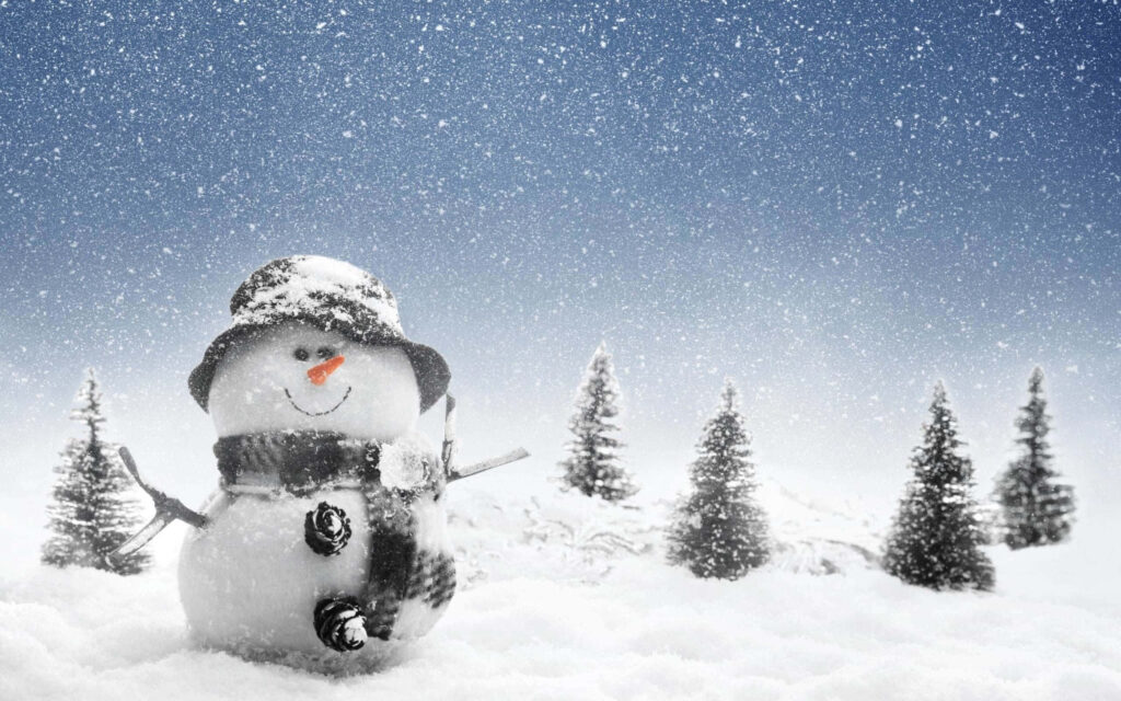 Cheerful Snowman Wallpaper: Cozy Christmas Scene with Evergreen Trees