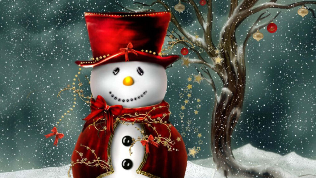Cheerful Snowman Wallpaper: Festive Red Coat & Starry Background