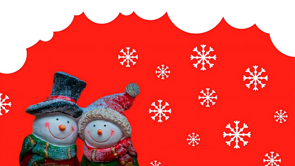 Festive holiday wallpaper with two charming snowman figurines on red snowflake background