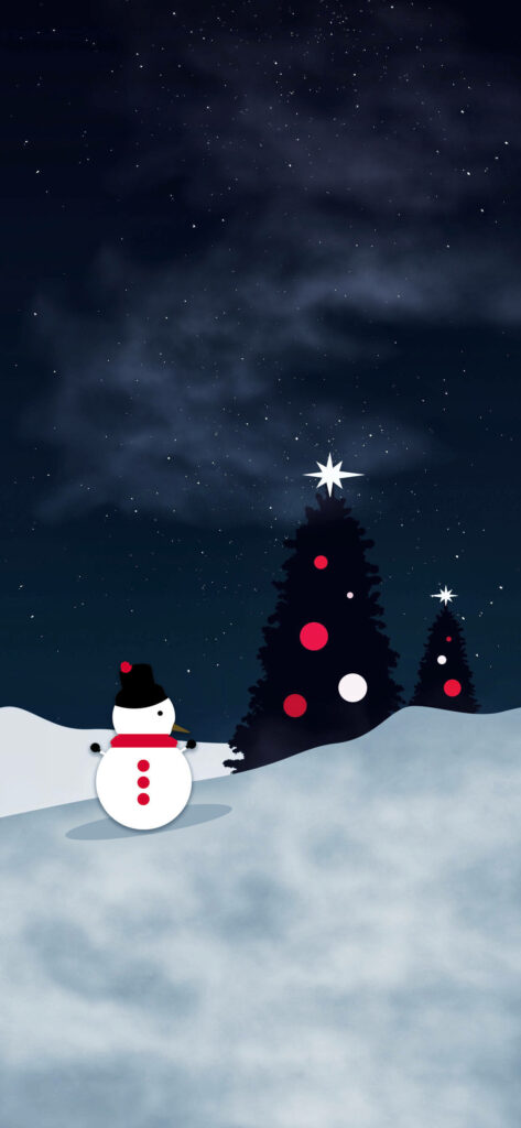 Whimsical Winter Wonderland: Delightful Snowman and Majestic Pine Tree Adorned by a Shimmering Star - Festive iPhone Wallpaper