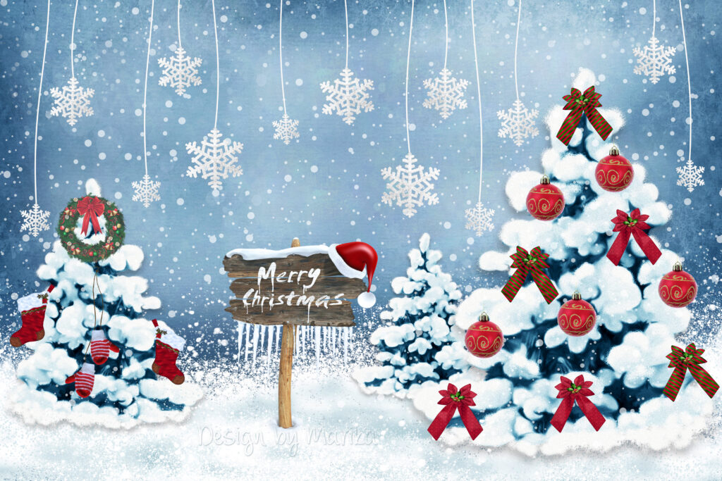 Snowy Winter Wallpaper with Christmas Trees and Merry Christmas Sign