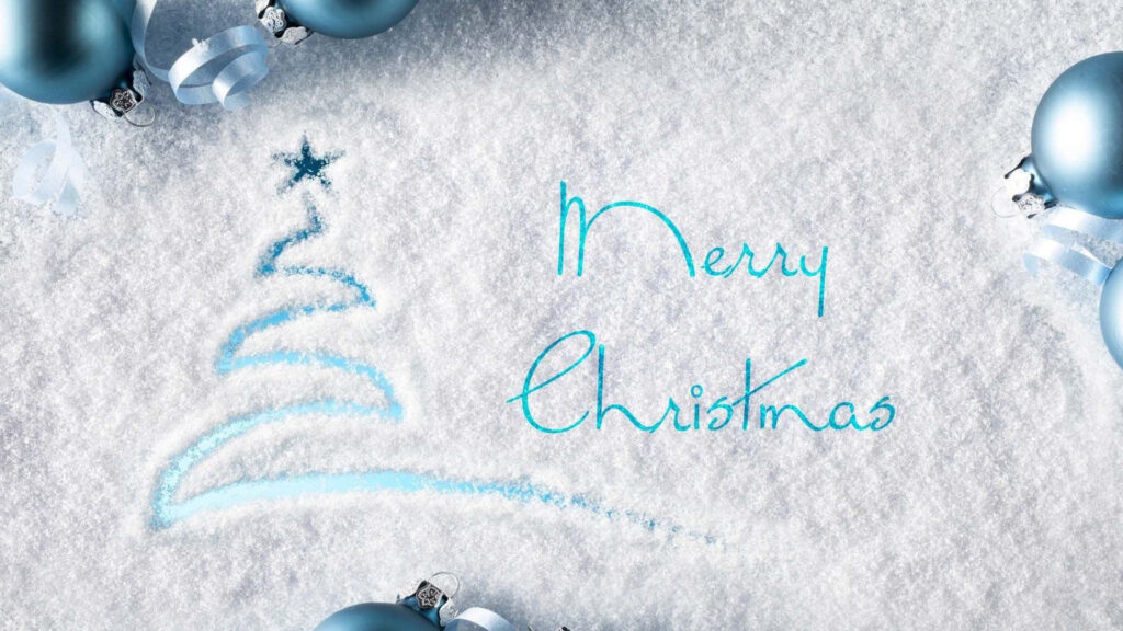Serene Snowy Christmas Wallpaper with Blue Ornaments & Script