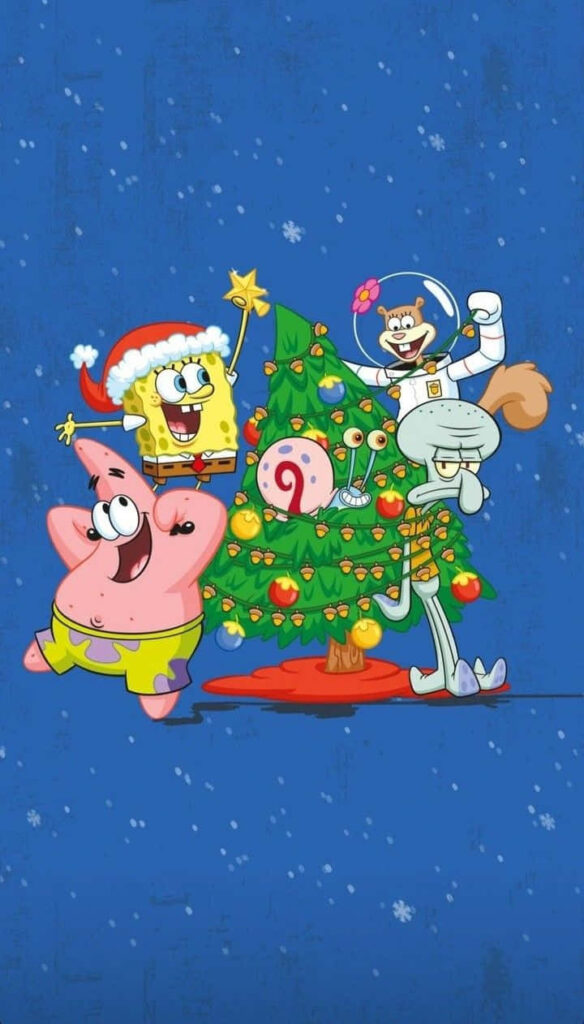 Joyful SpongeBob & Friends Christmas Wallpaper in Snowy Blue Background