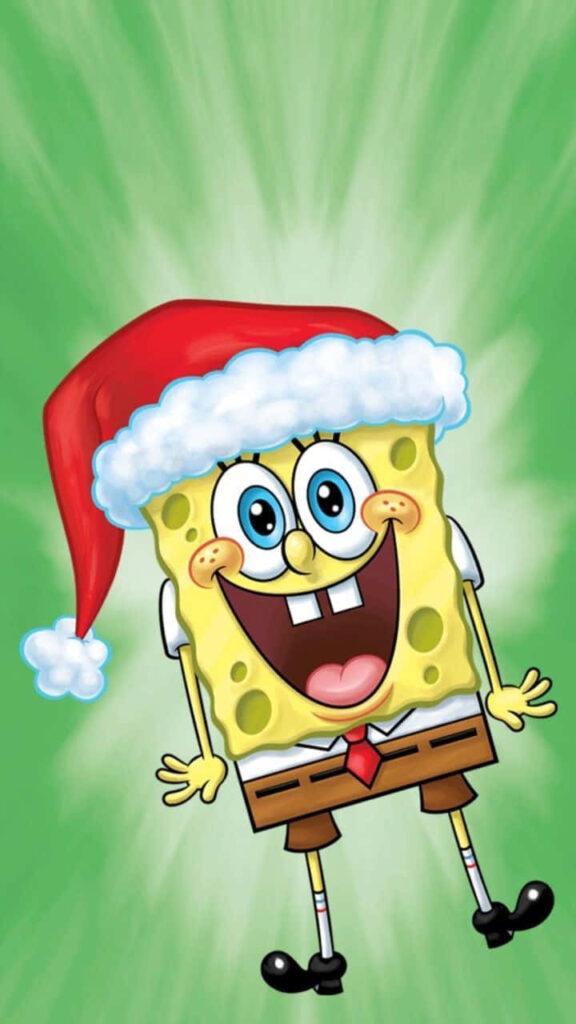 Cheerful SpongeBob Christmas Wallpaper: Santa Hat on Green Background