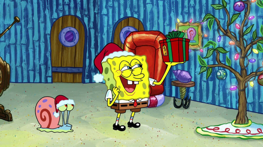 Joyful SpongeBob Christmas Wallpaper with Holiday Decor and Tree