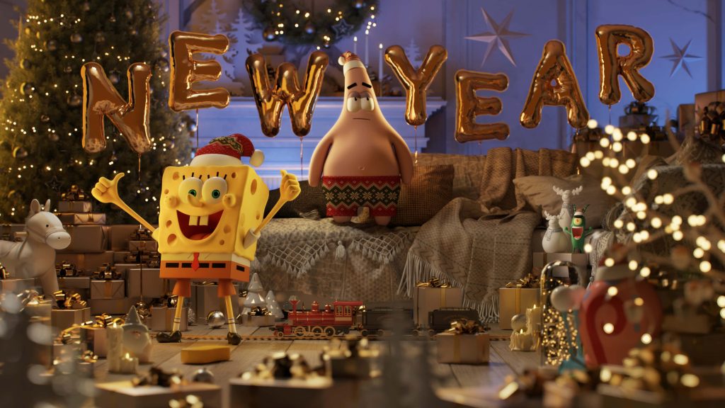 Festive 3D SpongeBob and Patrick in Santa hats with New Year balloons and holiday gifts wallpaper