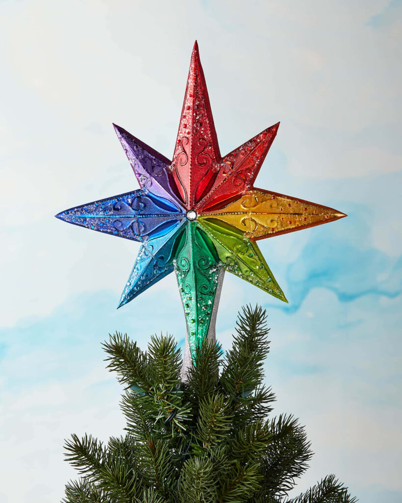 Vibrant Multicolored Christmas Tree Star Wallpaper Background