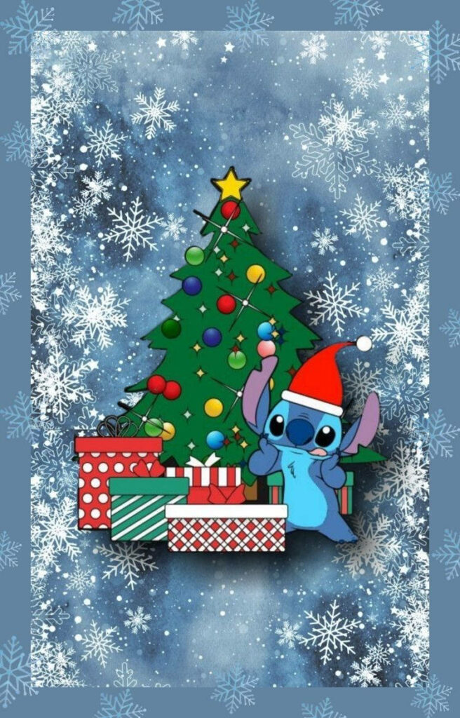 Festive Stitch in Santa Hat with Christmas Tree & Gifts Wallpaper