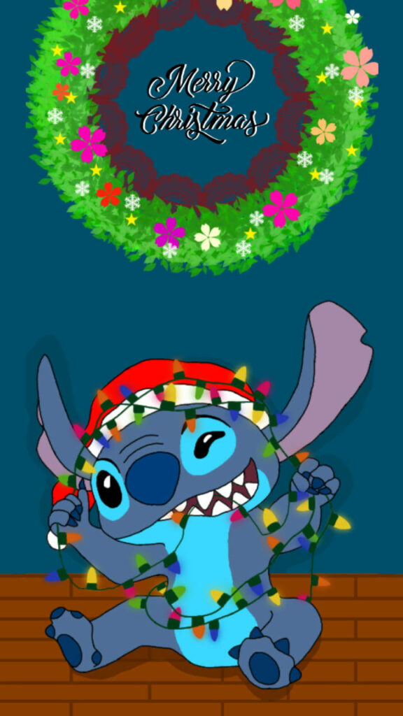 Playful Stitch Christmas Wallpaper with Wreath & Lights