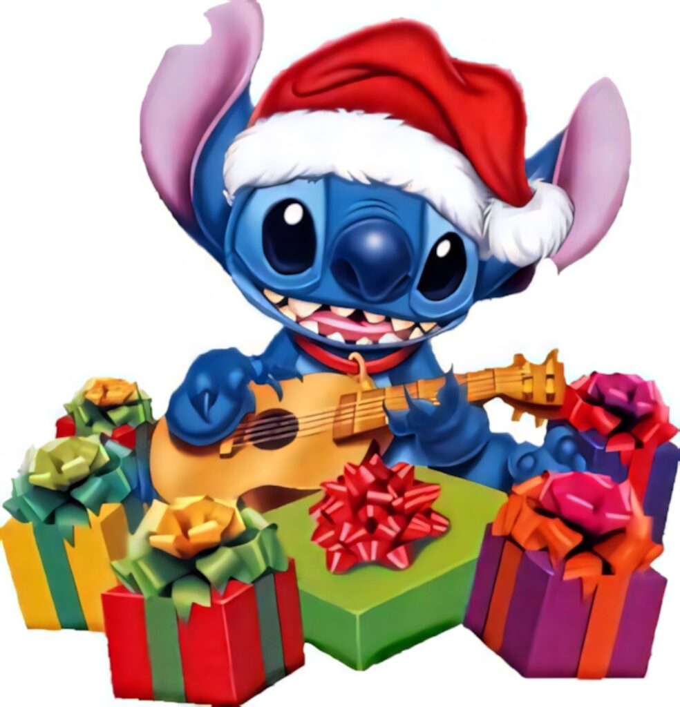 Festive Stitch Wallpaper: Santa Hat & Colorful Presents Background