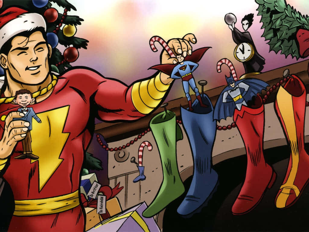 Joyful Superhero Christmas Wallpaper with Tree & Festive Decor