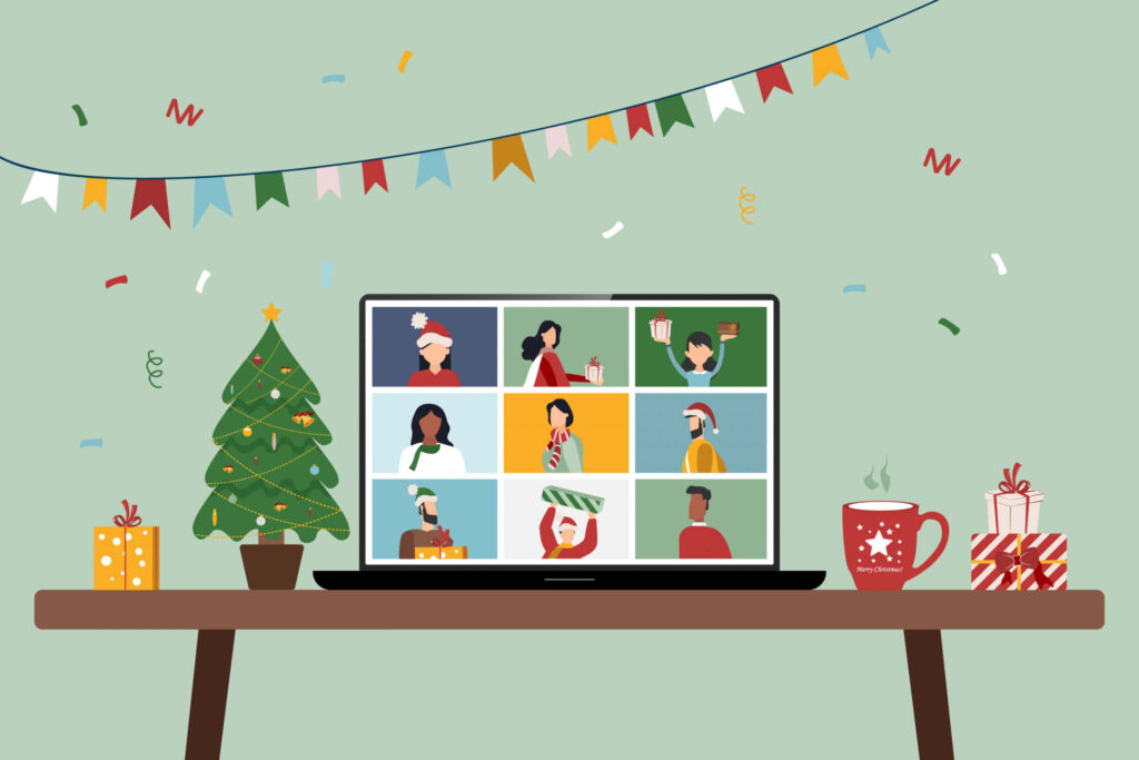 Cheerful Virtual Holiday Party: Festive Video Call with Santa Hats Wallpaper