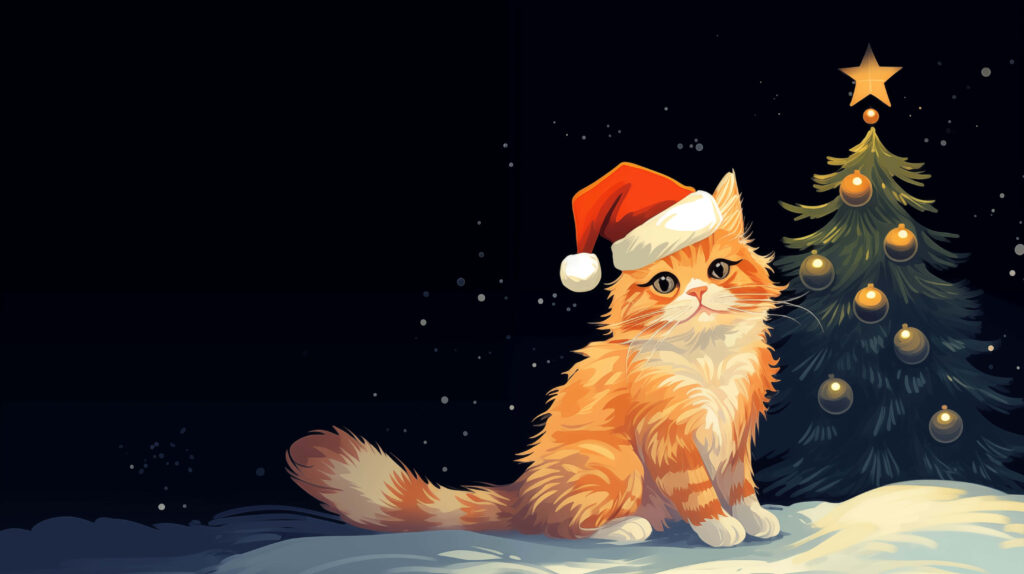 Adorable Kitten in Santa Hat by Christmas Tree - Festive Wallpaper