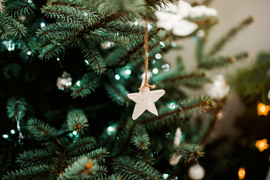 Festive Christmas Tree Wallpaper with Sparkling Lights & Star Ornament