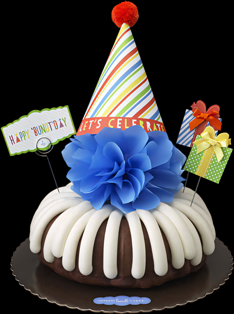 Festive Wallpaper: Cheerful Bundt Cake with Party Hat & Gift Tags