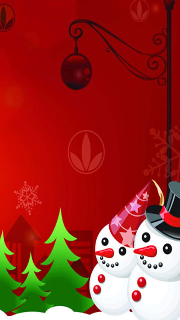 Festive Christmas Wallpaper: Cheerful Snowmen on Red Background