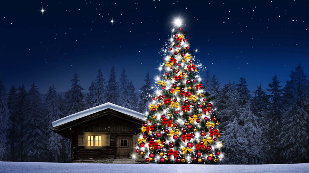 Festive Christmas Tree Wallpaper: Cozy Cabin & Starry Night Background