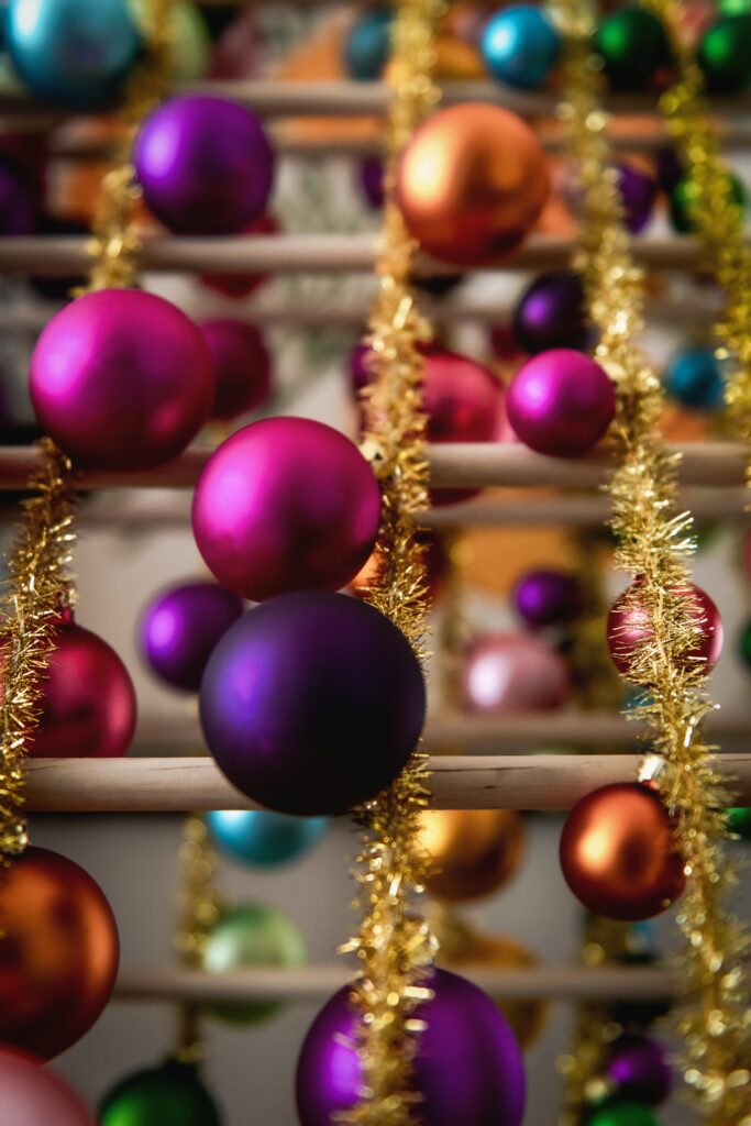Festive Colorful Balls & Tinsel Wallpaper for New Year & Christmas