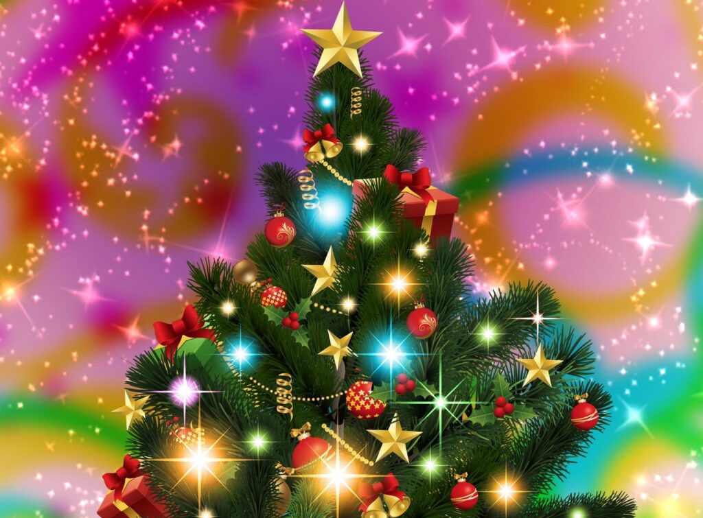 Festive Christmas Tree Wallpaper: Colorful Ornaments & Magic Glow