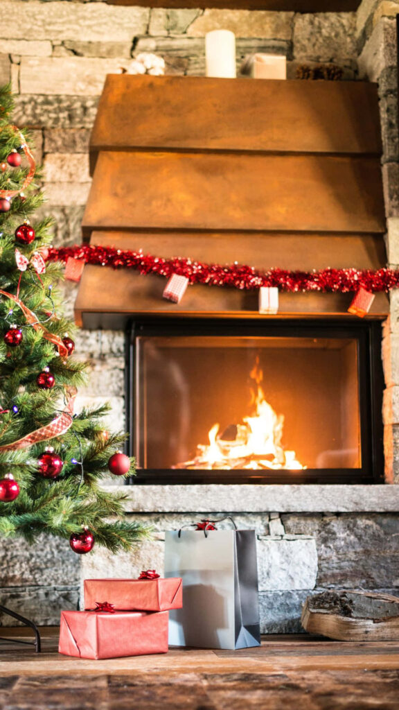 Cozy Fireplace Wallpaper with Festive Christmas Tree & Gifts