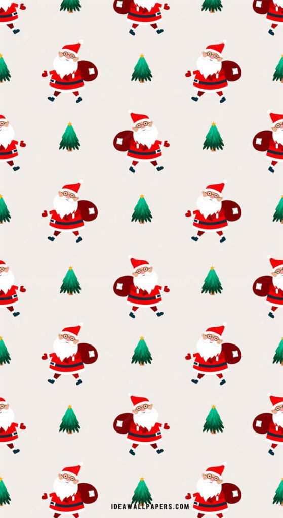 Festive Cartoon Santa & Christmas Trees Wallpaper for Holiday Cheer