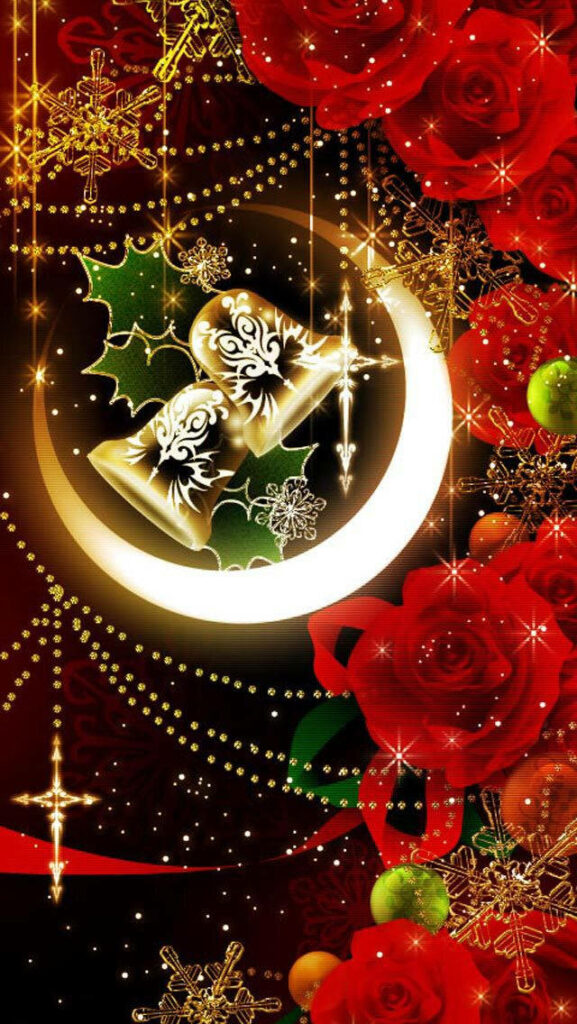 Festive Wallpaper with Red Roses, Golden Stars & Elegant Ornaments