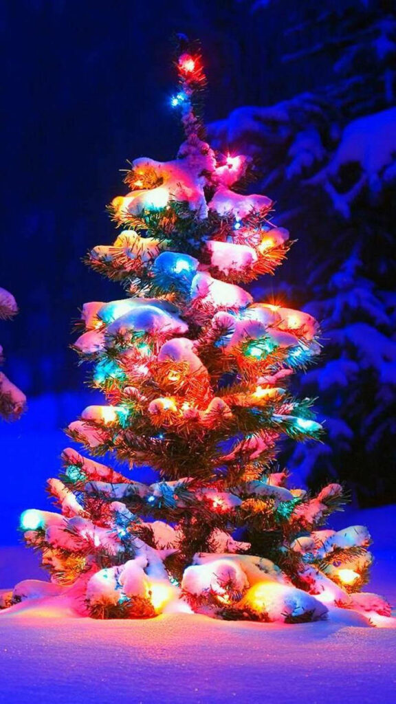 Vibrant Christmas Tree Wallpaper in Snowy Blue Landscape
