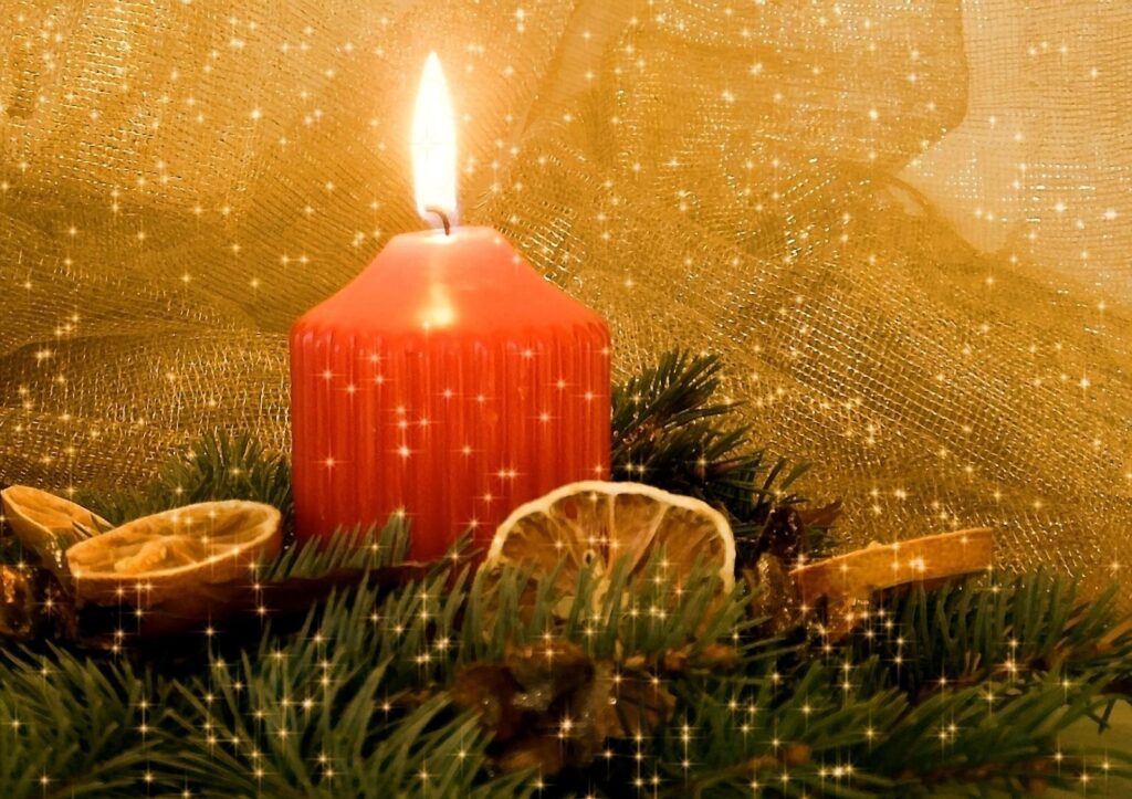 Festive Holiday Wallpaper: Red Candle, Evergreens & Sparkling Lights