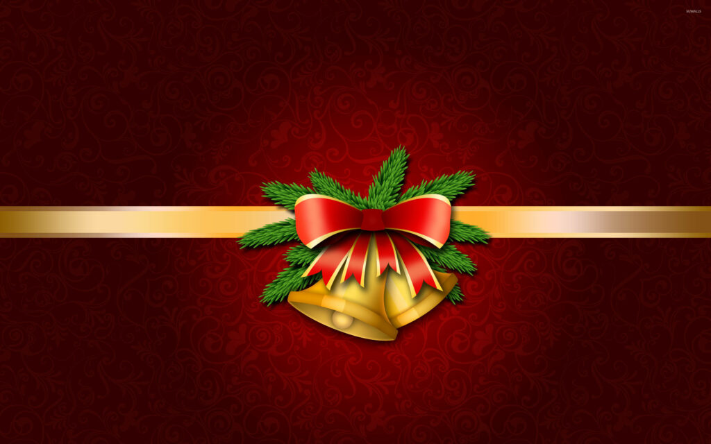 Festive Wallpaper: Golden Christmas Bell with Red Ribbon & Pine