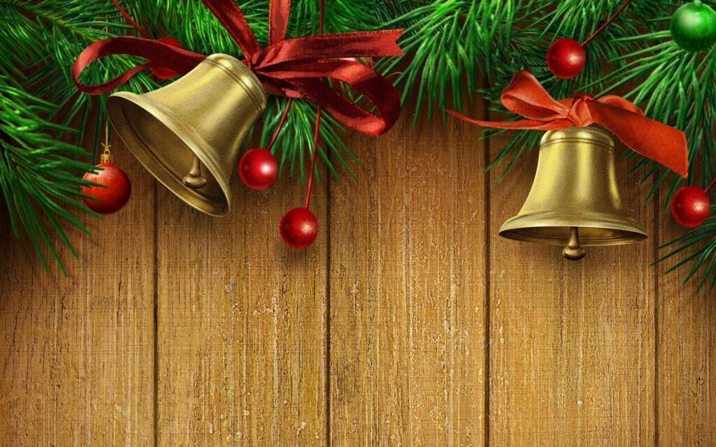 Rustic Christmas Wallpaper: Golden Bells, Red Ribbons, Green Pine
