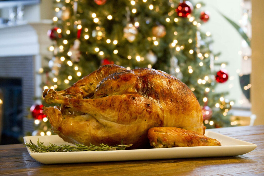 Festive Christmas Turkey Wallpaper with Glowing Tree Background