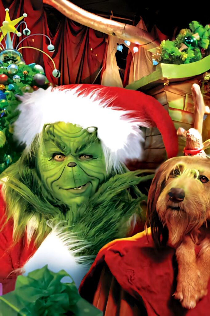 Grumpy Santa Creature & Dog in Reindeer Antlers - Festive Wallpaper