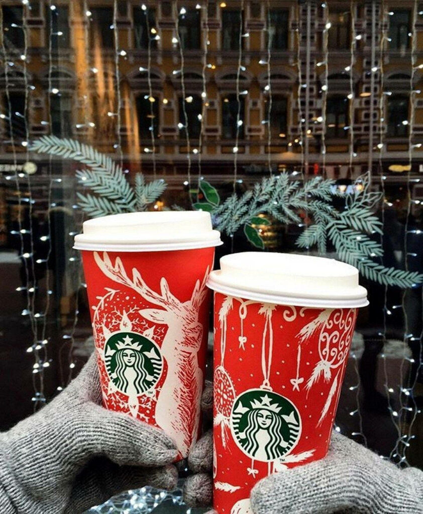Festive Wallpaper: Hands with Starbucks Holiday Cups & String Lights