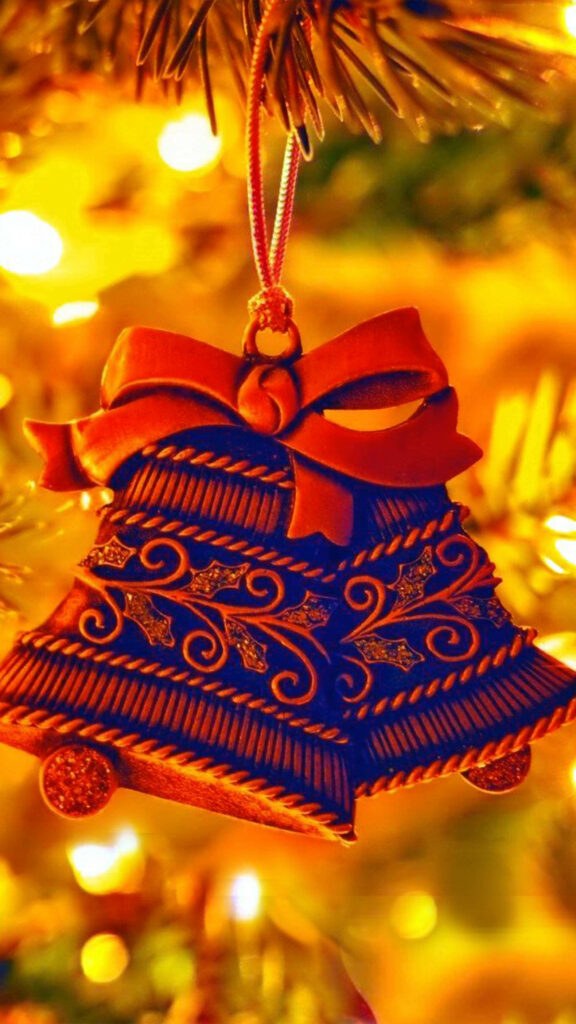 Festive Christmas Bells Wallpaper with Golden Lights & Evergreen