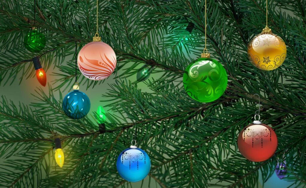 Festive Evergreen Tree Wallpaper with Colorful Holiday Ornaments