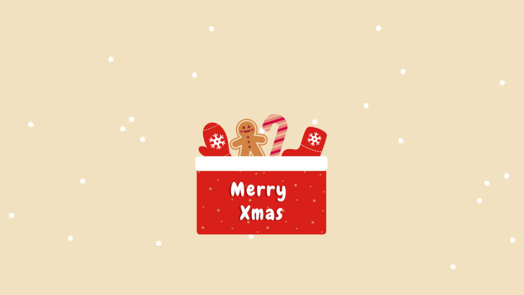 Festive Wallpaper: Merry Xmas Box with Gingerbread and Snowflakes