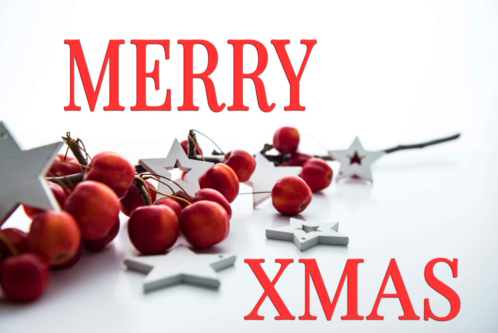 Festive Wallpaper: Red Apples & Merry Xmas in Bold Red Stars