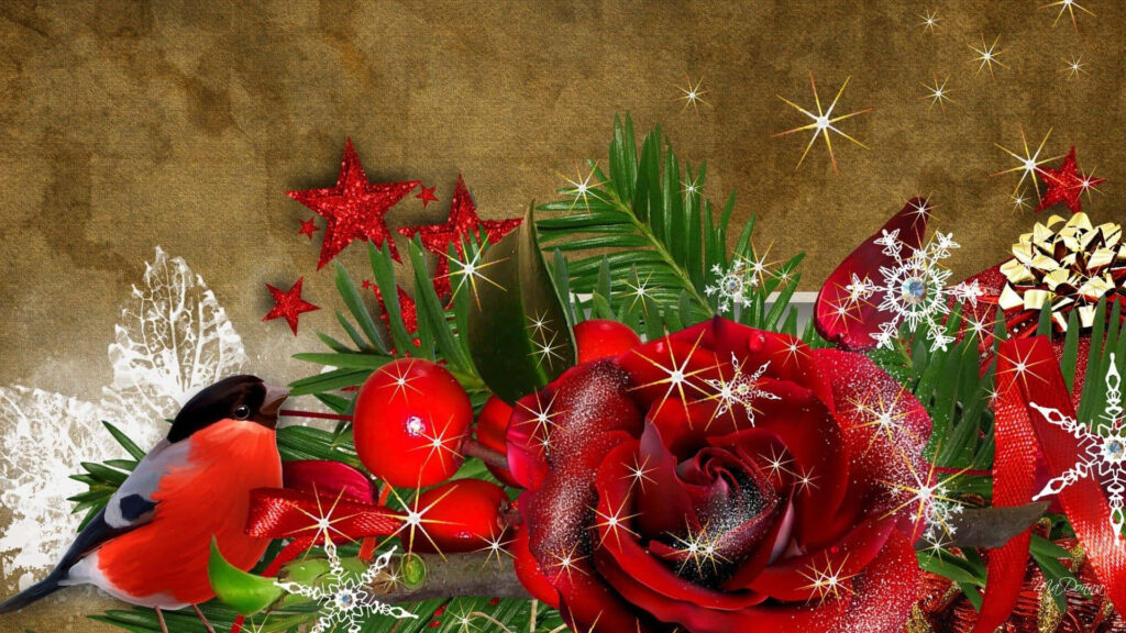 Festive Red Roses & Snowy Pines: Rustic Holiday Wallpaper Design