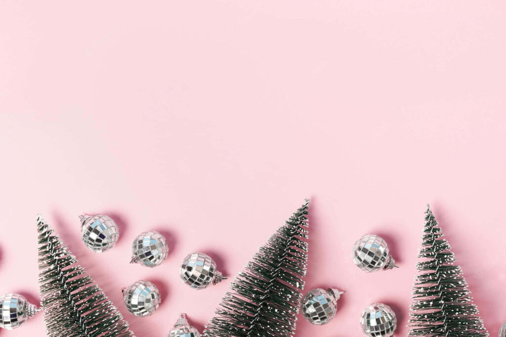 Modern Festive Wallpaper: Sparkly Christmas Trees & Disco Ornaments