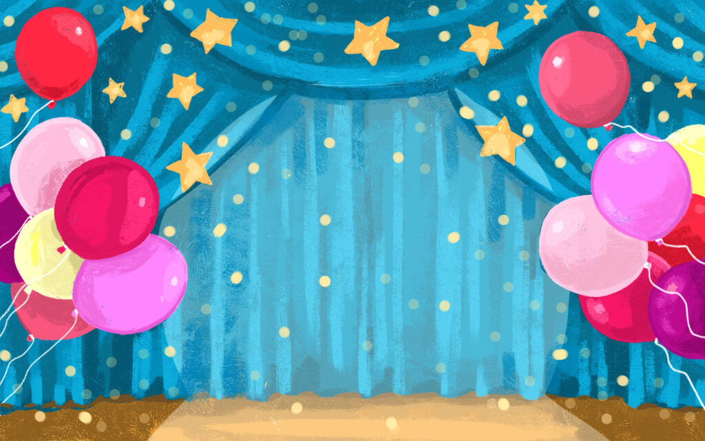 Festive Birthday Wallpaper: Stage with Blue Drapes & Colorful Balloons